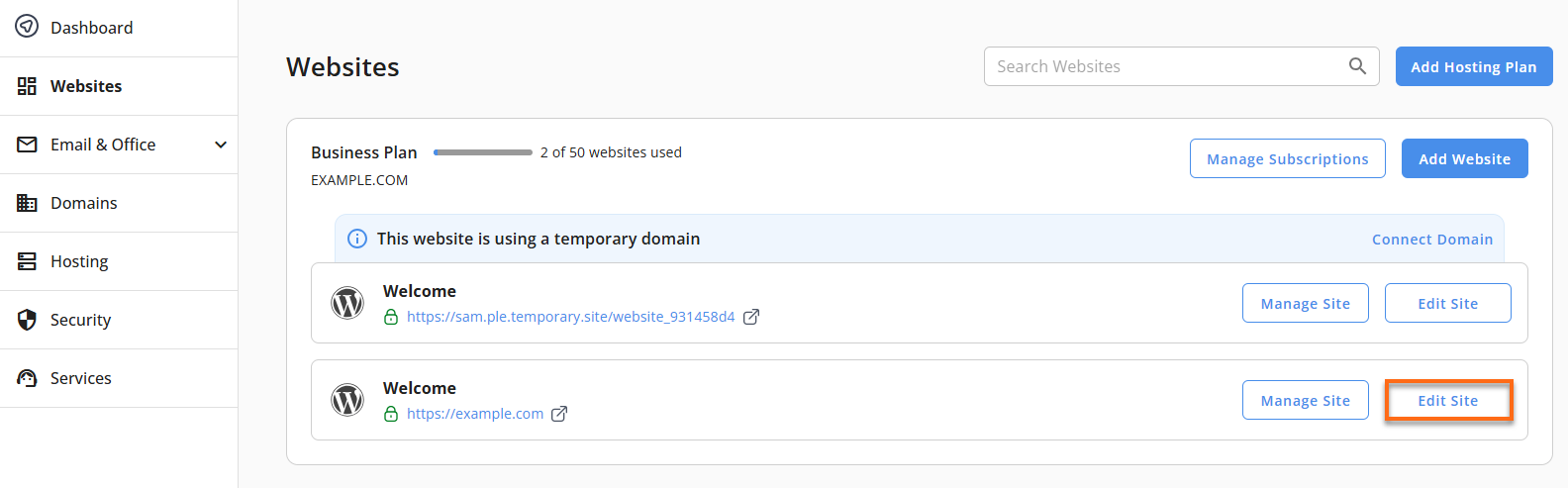 HostGator Websites Tab Edit Site Button