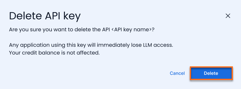 Customer Portal - Hosting tab - AI Tooling - Delete API Key - Confirmation