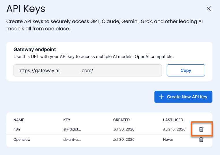 Customer Portal - Hosting tab - AI Tooling - Delete API Key
