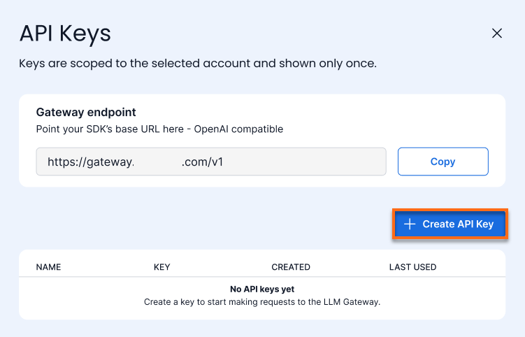 Customer Portal - Hosting tab - AI Tooling - API Keys - Create API