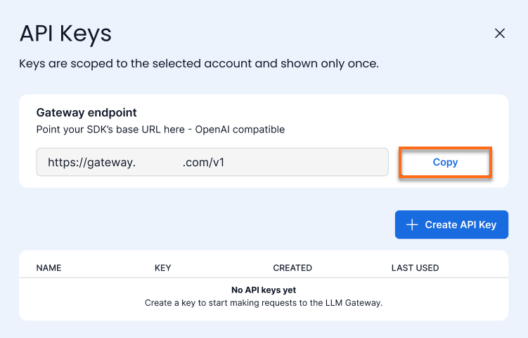 Customer Portal - Hosting tab - AI Tooling - API Keys - Gateway