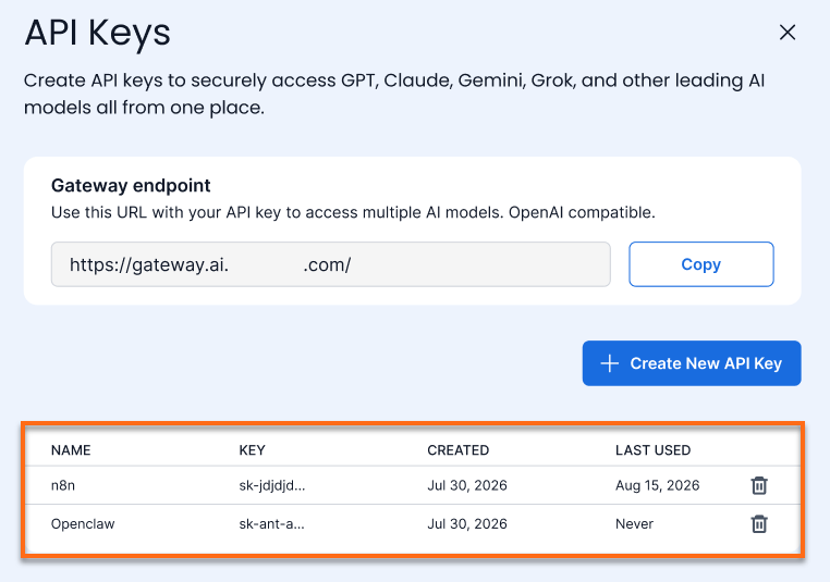 Customer Portal - Hosting tab - AI Tooling - API Keys Table