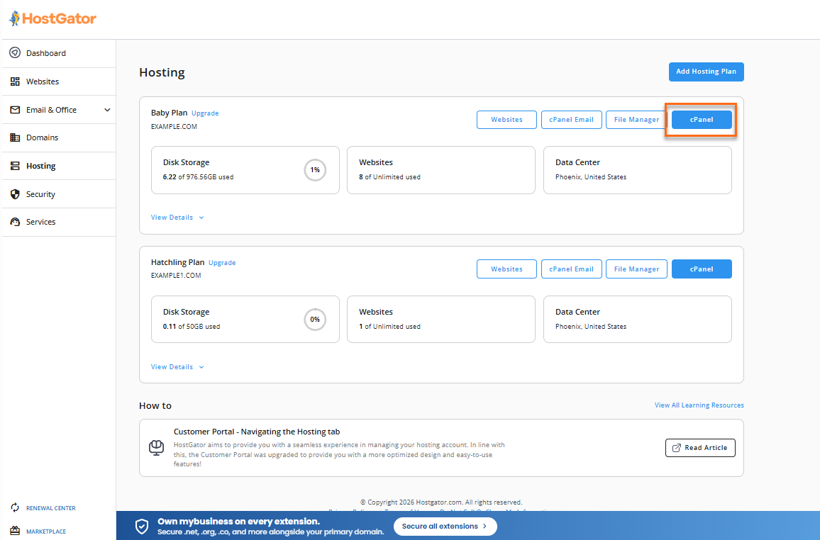 Customer Portal - cPanel buton