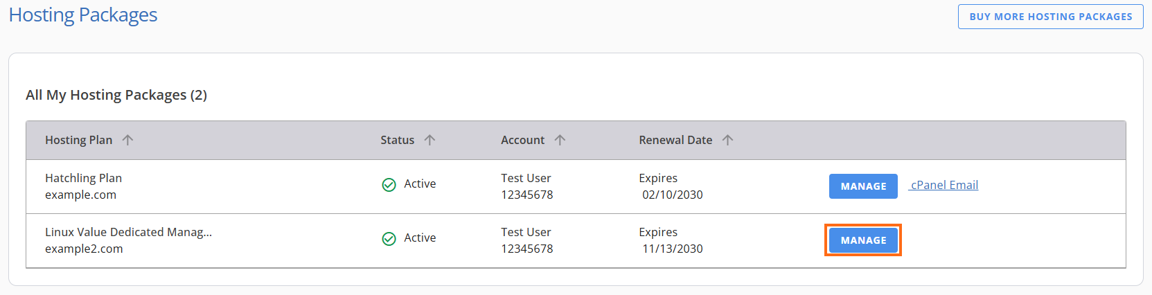 HostGator Hosting Tab Manage Button
