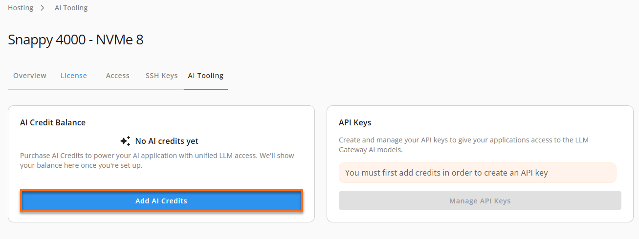 Customer Portal - Hosting tab - AI Tooling - Add AI Credits