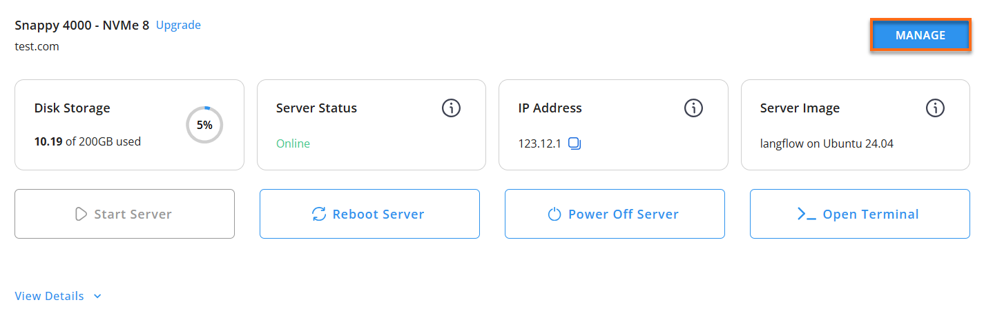 Customer Portal - Hosting tab - Manage