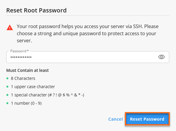 Customer Portal - Hosting tab - View Details - Reset Password