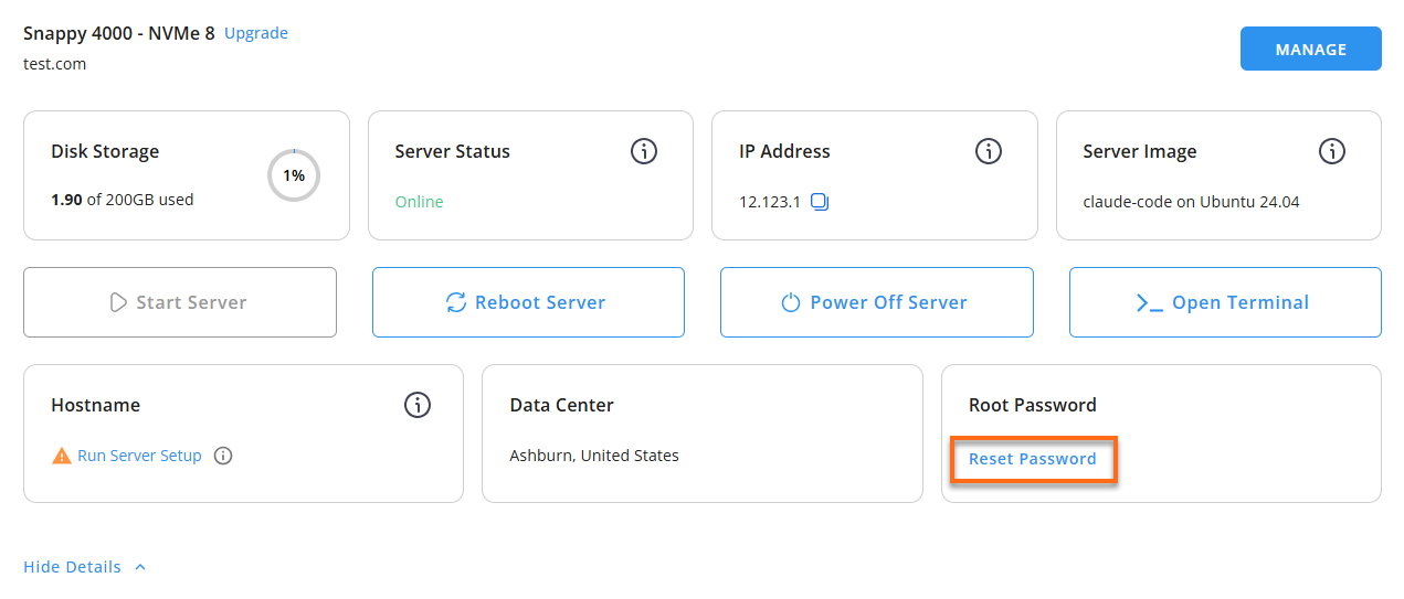 Customer Portal - Hosting tab - View Details - Reset Password