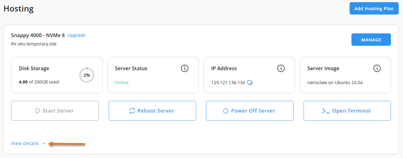Customer Portal - Hosting tab - View Details