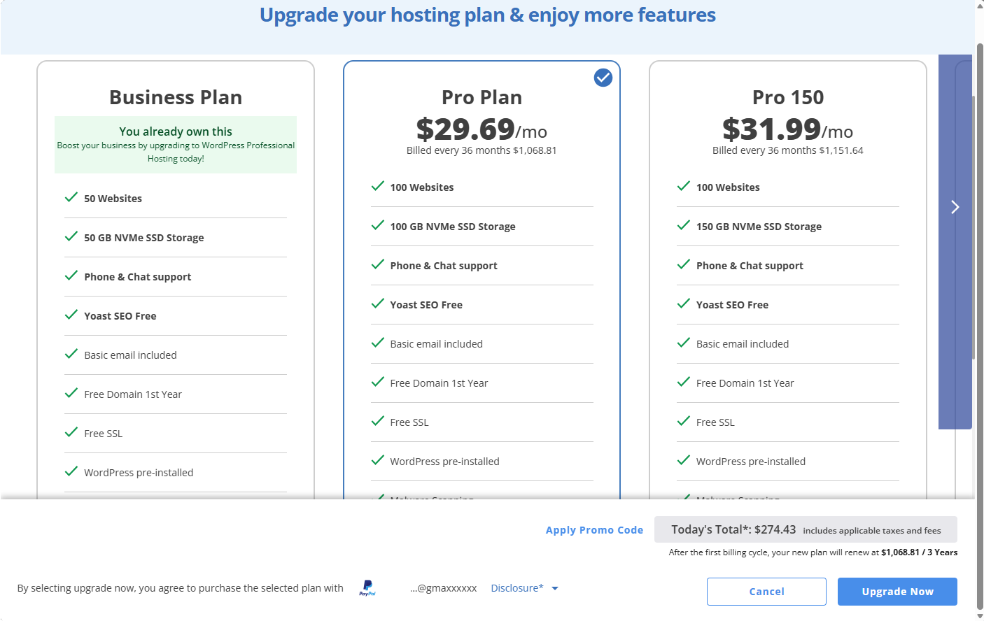 Select hosting plan to upgrade to
