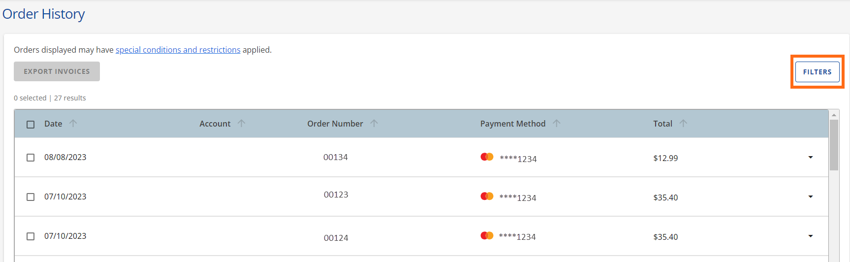 Customer Portal - Invoices - Filters