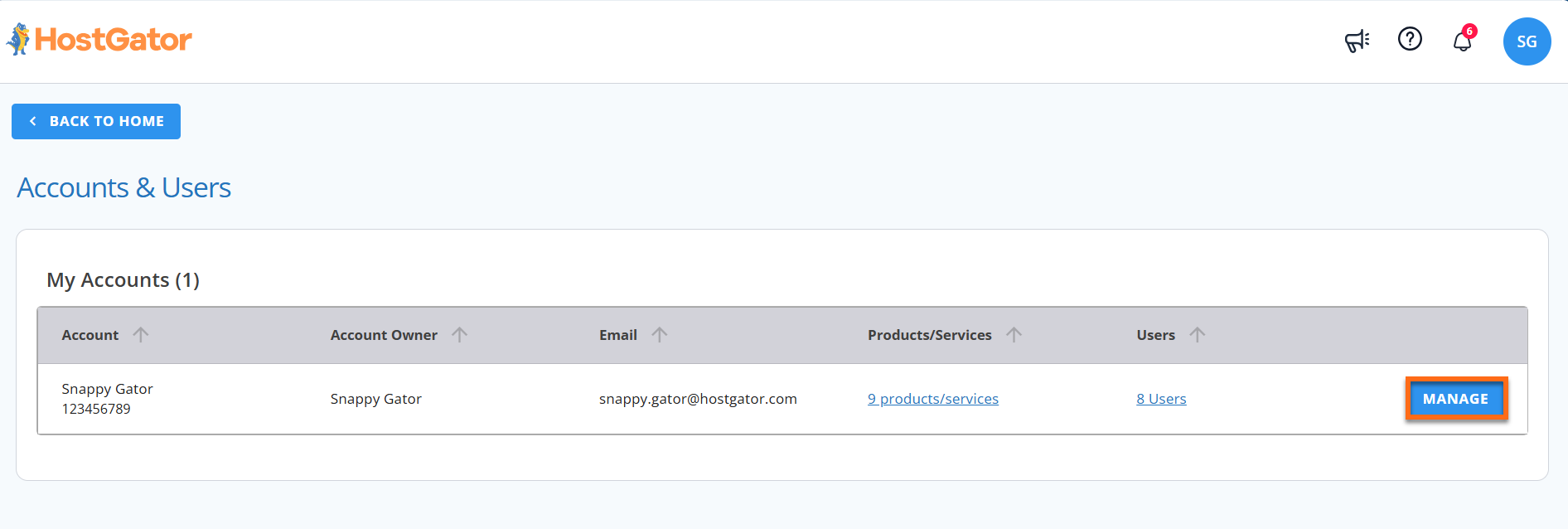 Customer Portal - Accounts & Users - Manage button