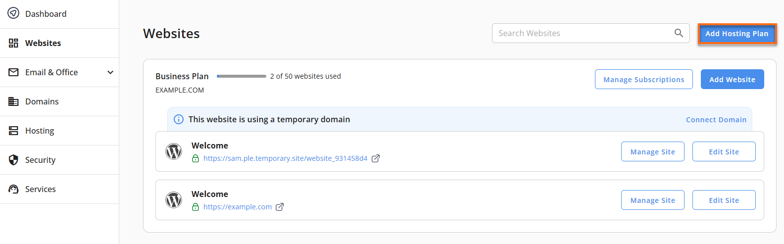 Customer Portal - Hosting tab - Buy More Hosting Packages button