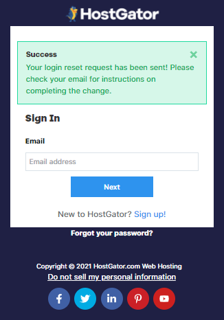 Hostgator Customer Portal Password Reset Sent