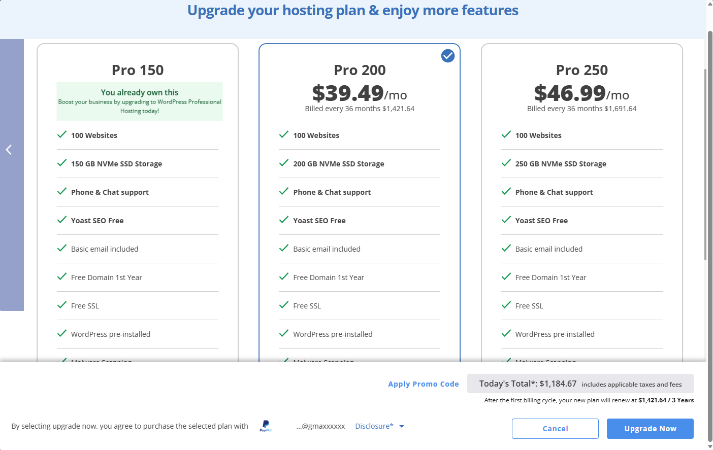 Select Pro hosting plan