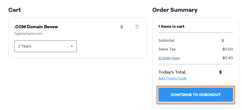 Renew my domain - Cart/Order Summary page