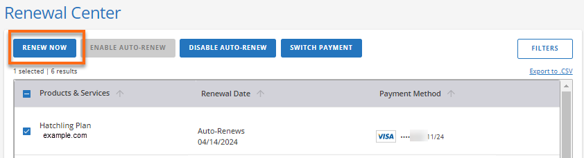 Renewal Center - Renew Now button