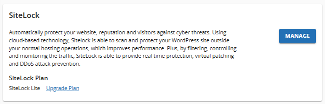 Security tab - SiteLock - Manage button