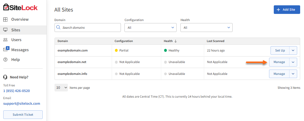 Sites tab - Manage button