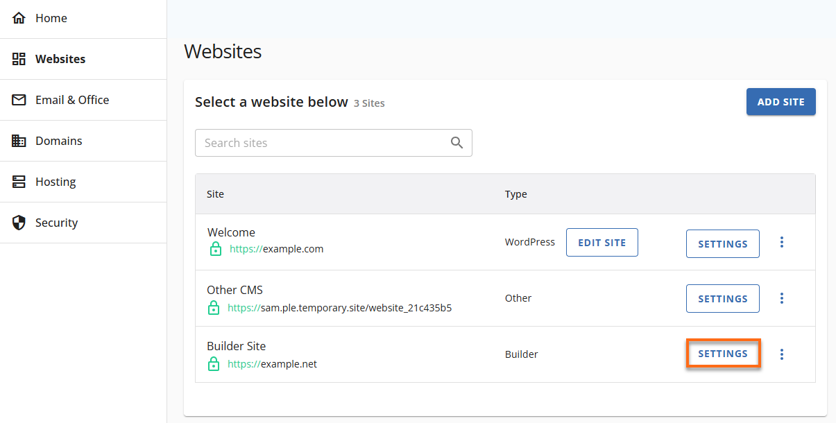 HostGator Website Builder - Settings button