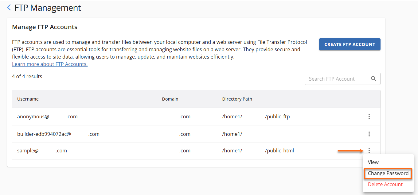 HostGator Websites Tab FTP Access Chnage Password