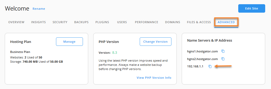 Customer Portal - Settings tab - Name Servers & IP Address