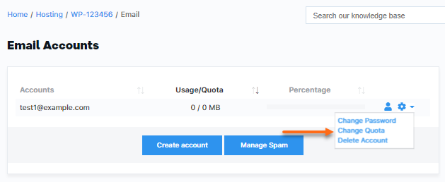 Change email quota link