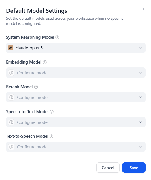 Dify dashboard - Default Models - Settings