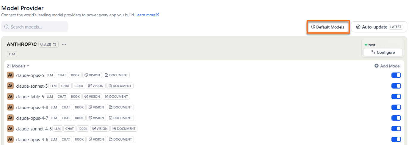 Dify dashboard - Default Models
