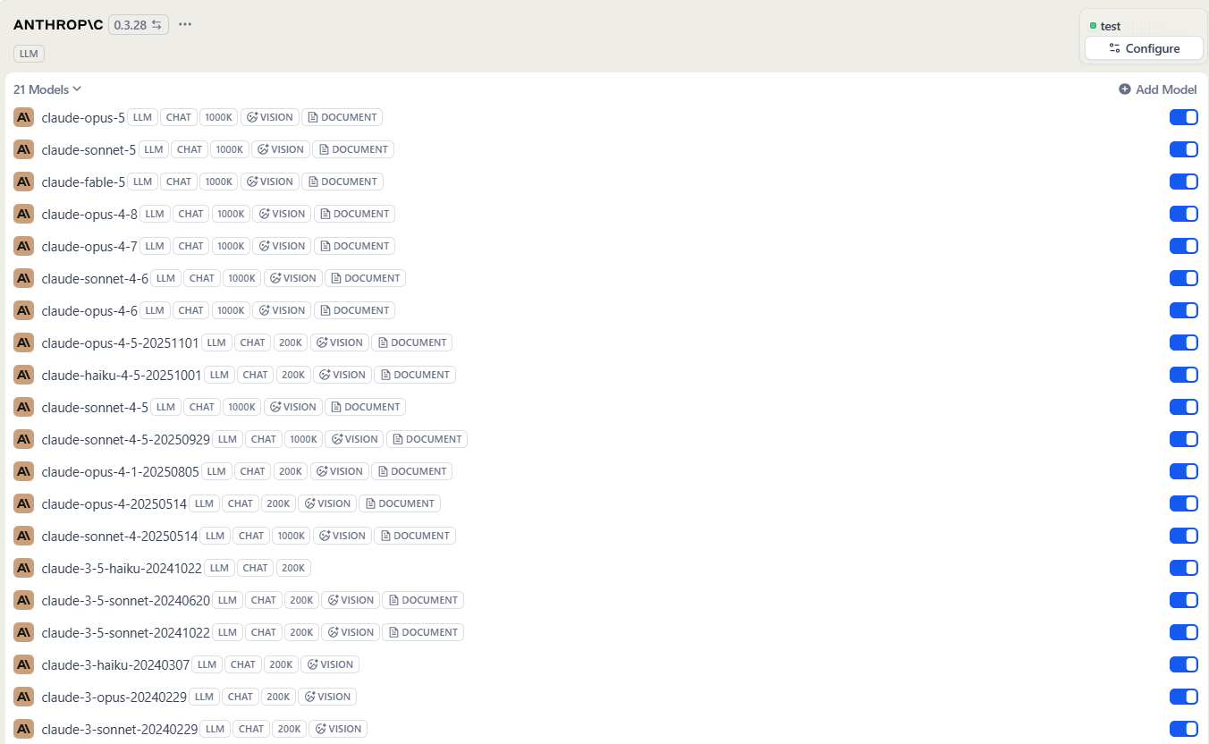 Dify dashboard - Model Provider - Add Key- Models