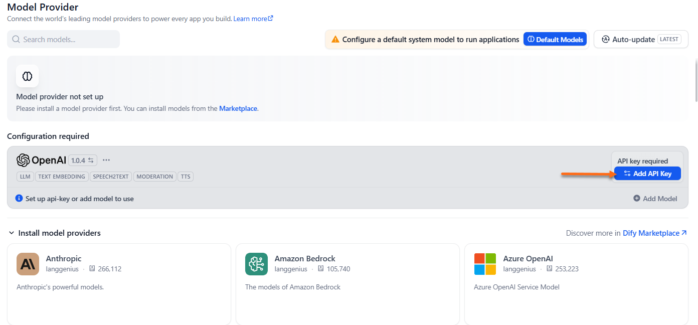 Dify dashboard - Model Provider