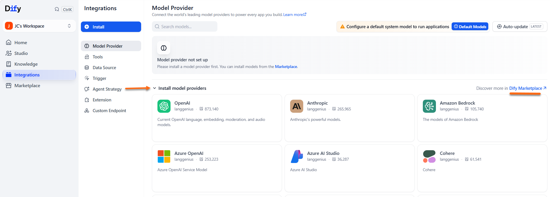 Dify dashboard - Log in - Integrations - Model Provider