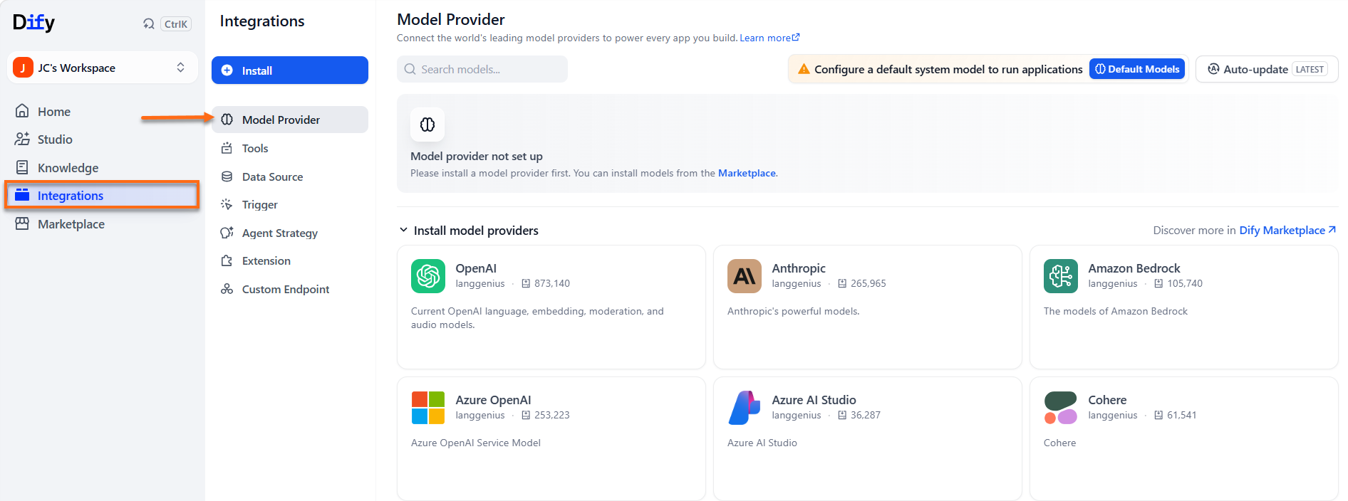 Dify dashboard - Log in - Integrations - Model Provider