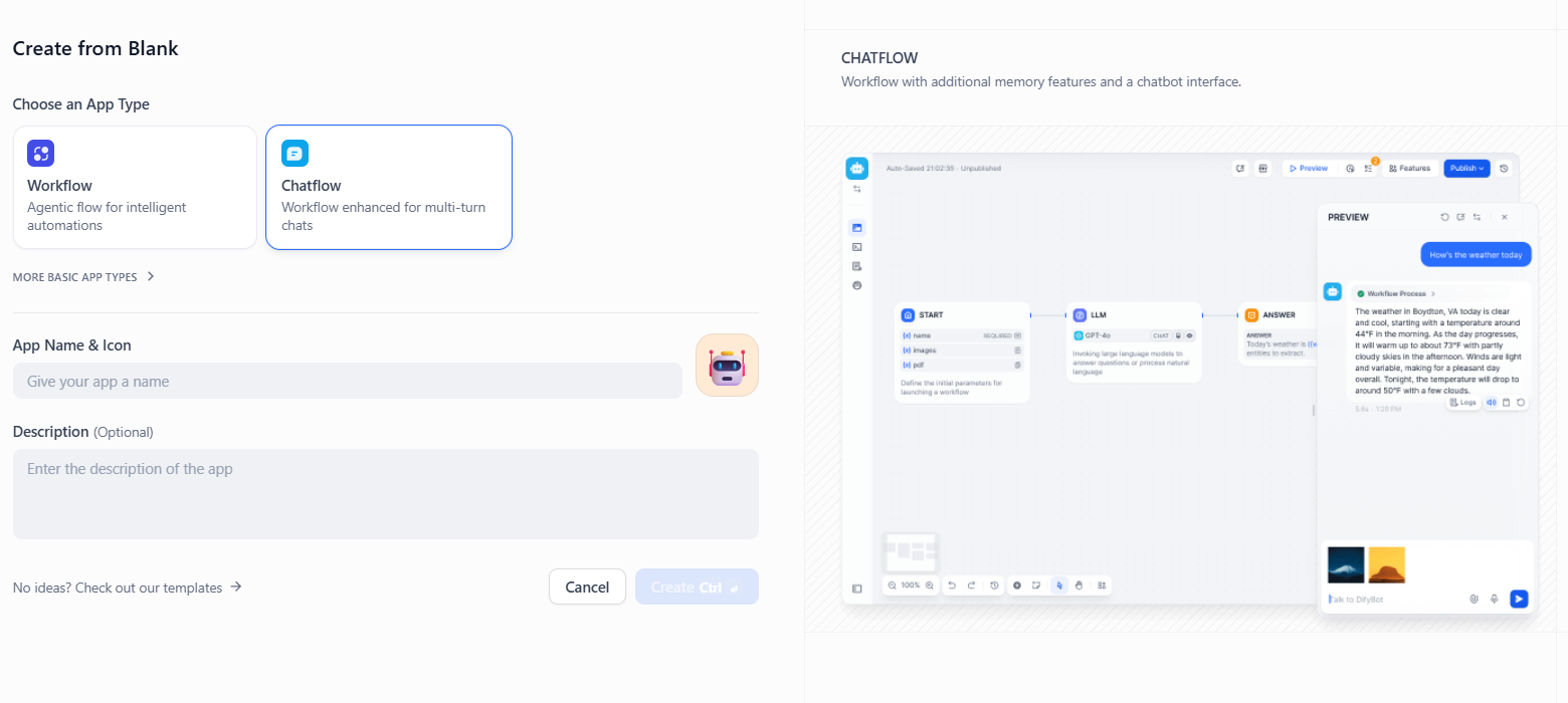 Dify dashboard - Studio - Create Blank- Select