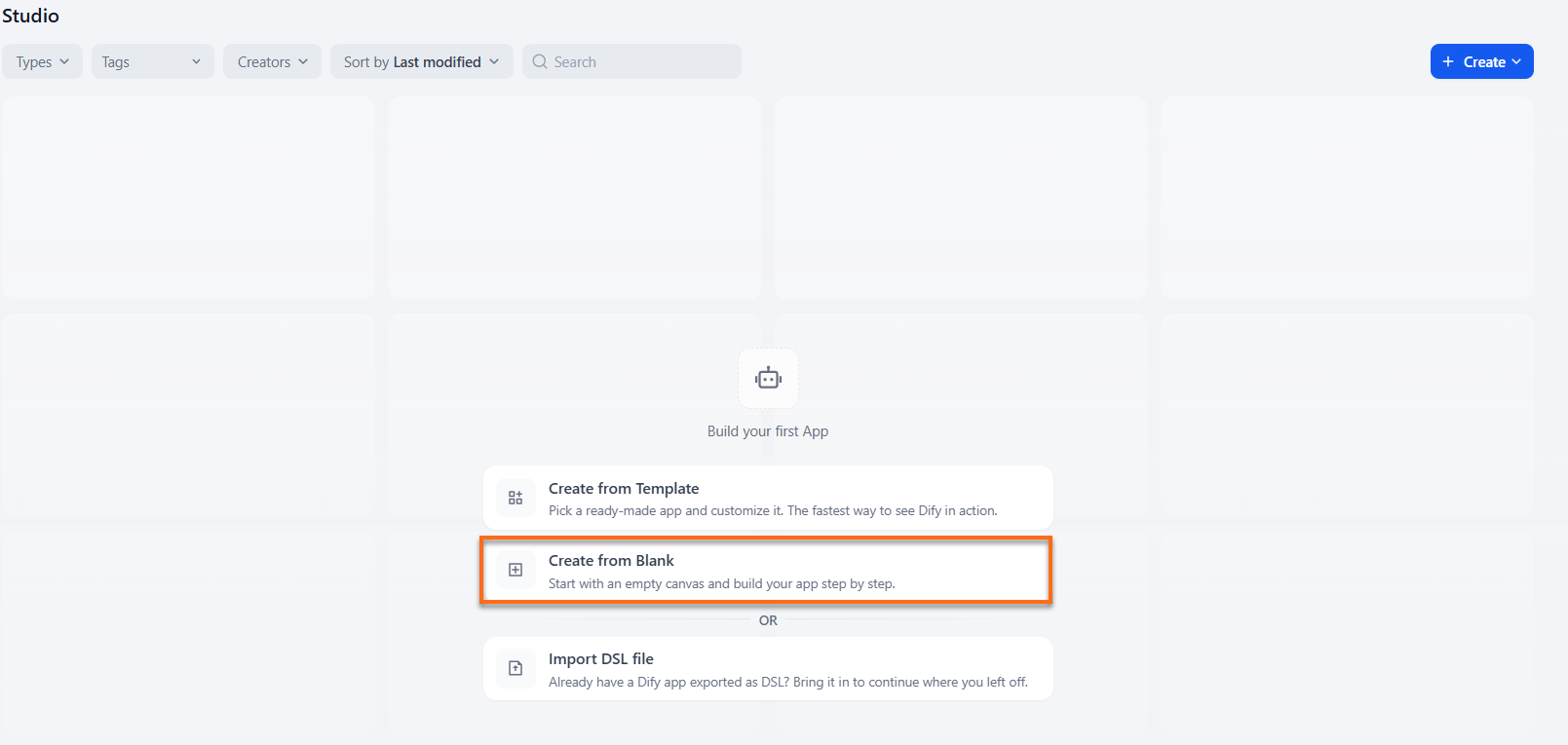 Dify dashboard - Studio - Create Blank