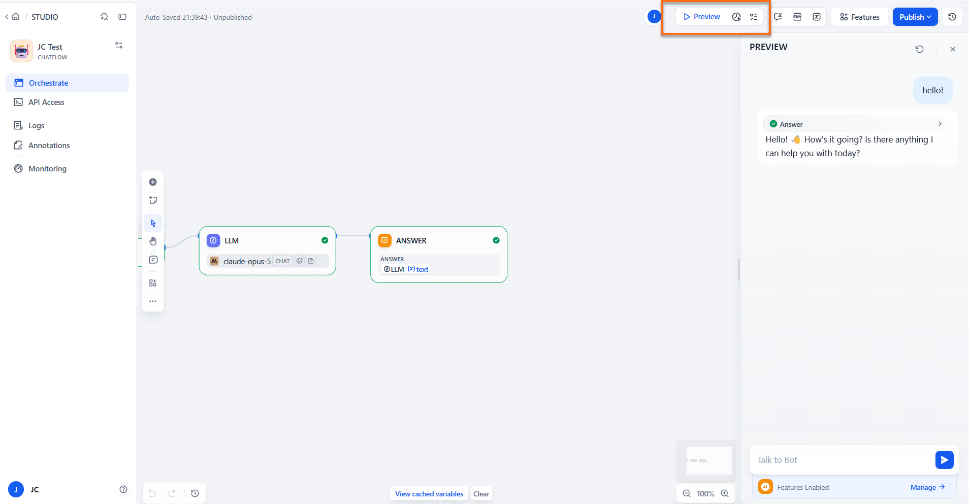 Dify dashboard - Chatbot - Test- Select