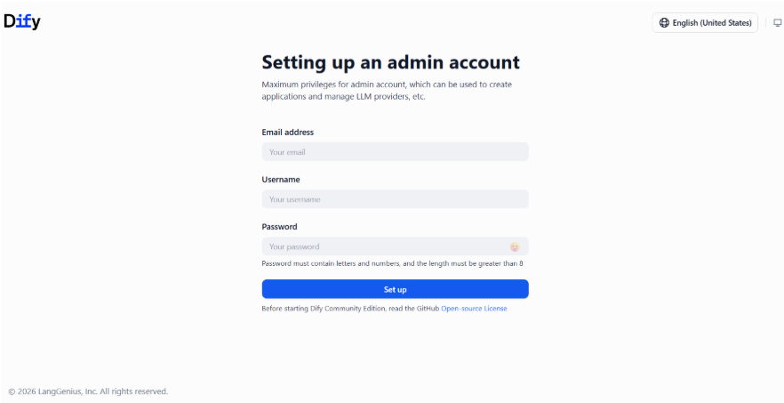 Dify - Initial Log in - Create Your Administrator Account