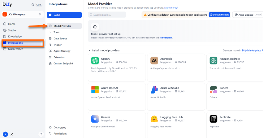 Dify - Log in - Integrations  Model Provider