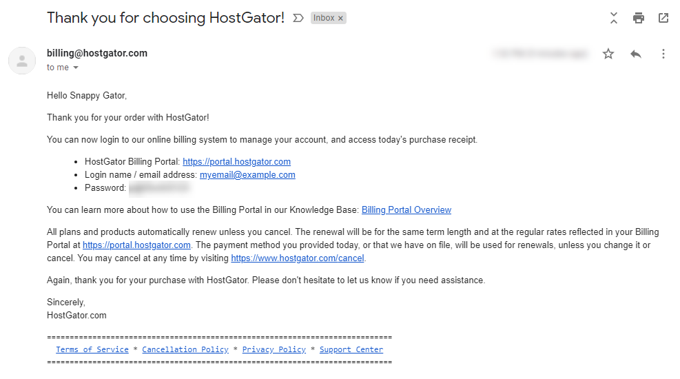 HostGator Welcome Email