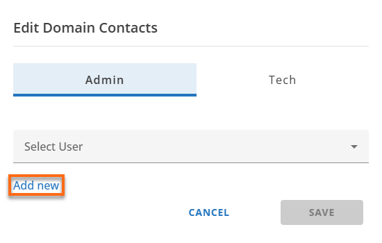 HG Domain Tab - Contacts Manage Admin and Tech Contacts Add new Link