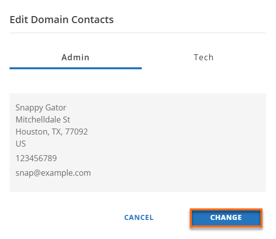 HG Domain Tab - Contacts Manage Admin and Tech Contacts Change Button