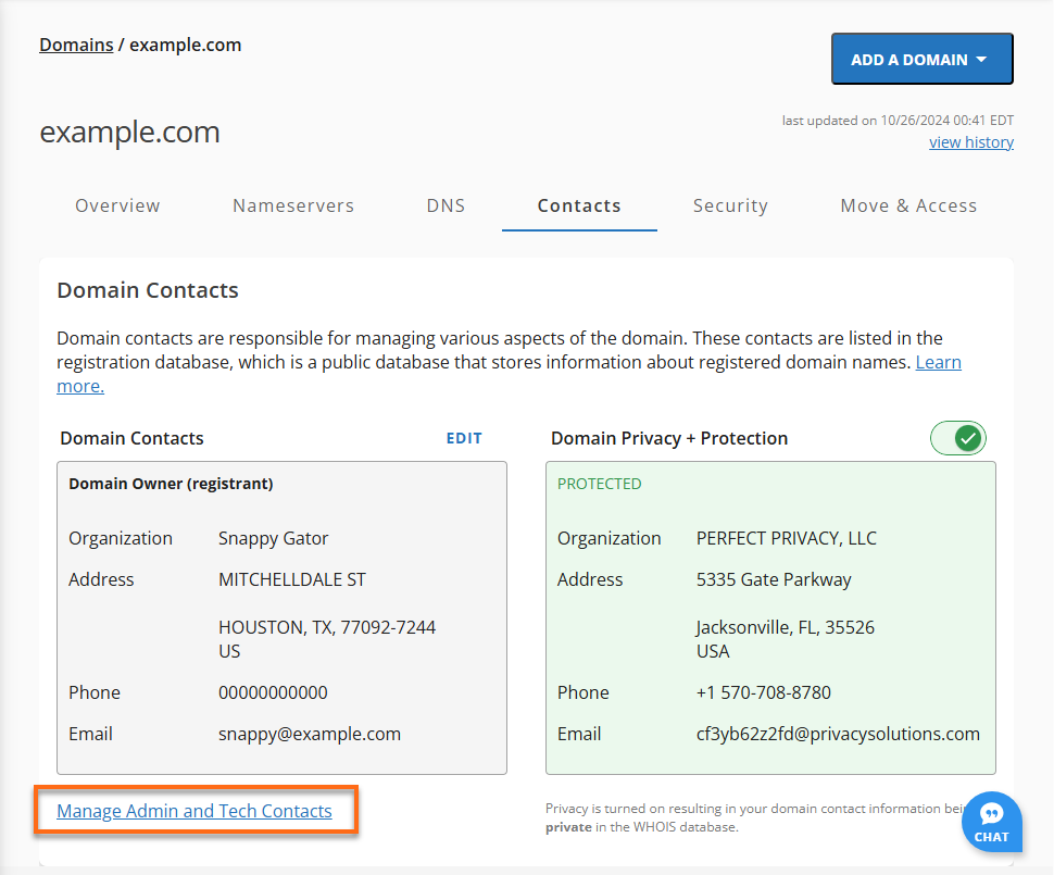 HG Domain Tab - Contacts Manage Admin and Tech Contacts Link