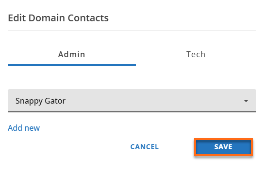 HG Domain Tab - Contacts Manage Admin and Tech Contacts Save New User