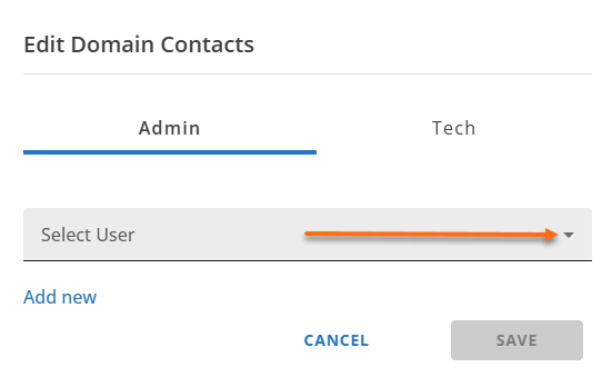HG Domain Tab - Contacts Manage Admin and Tech Contacts Select User
