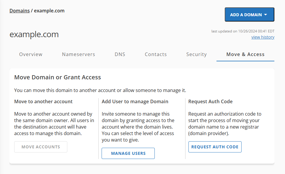 Domains tab - Domain Move & Access