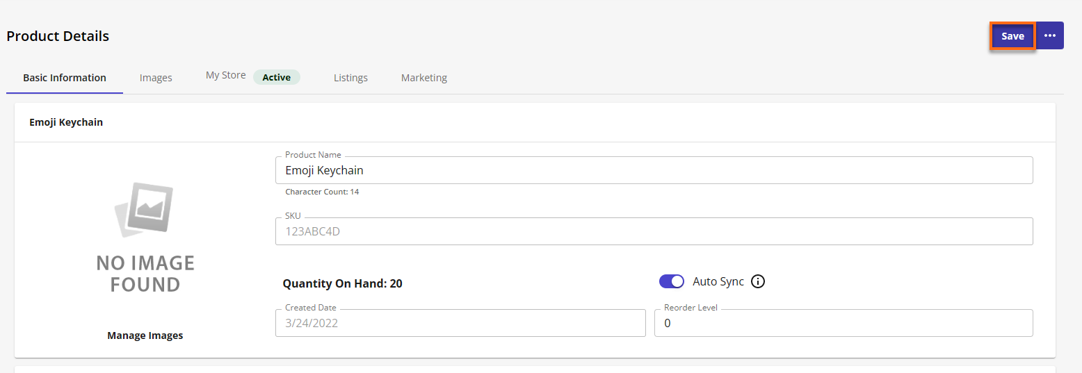 HostGator Ecomdash - Products Tab Update Inventory Details Save