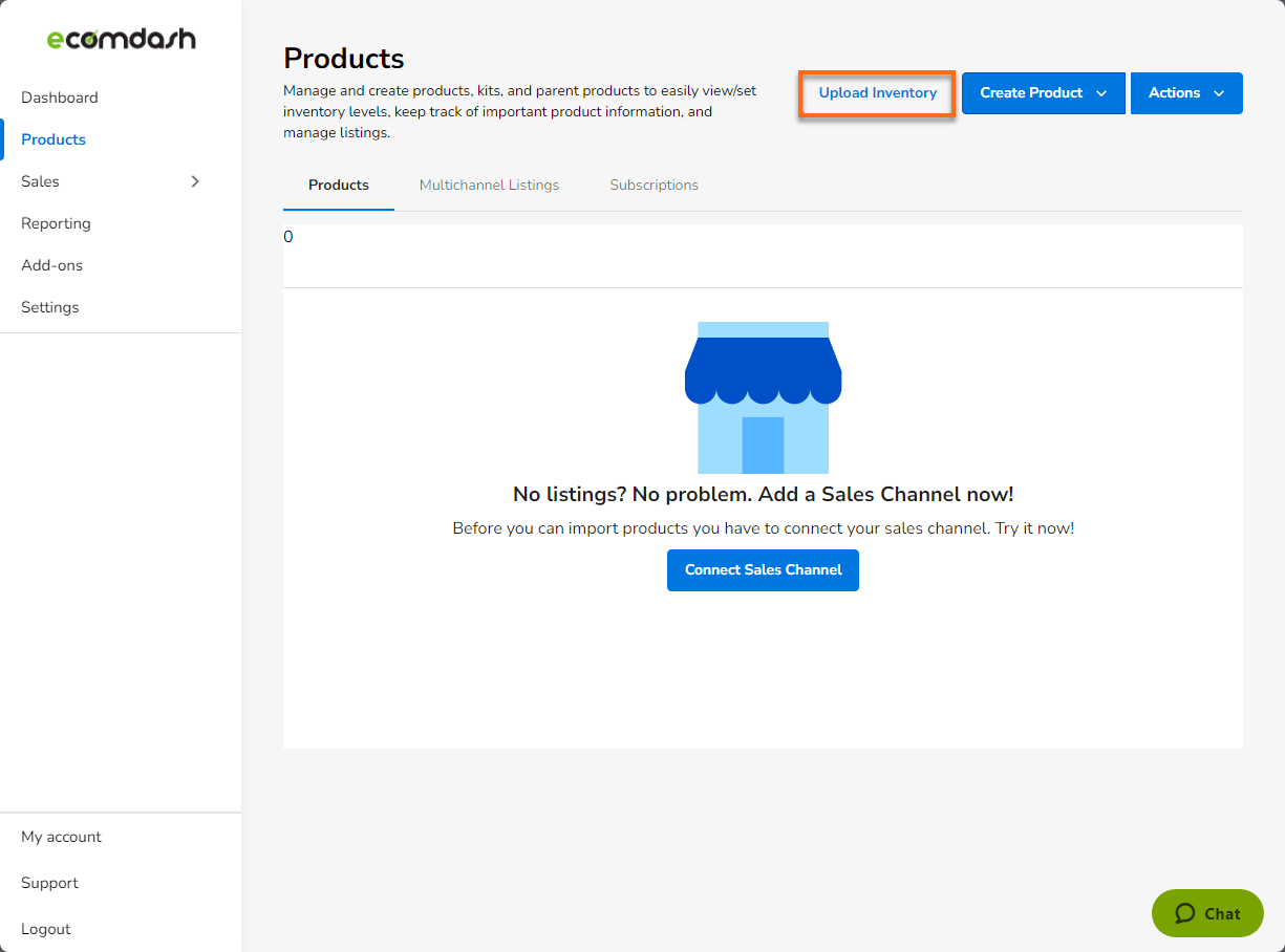 HostGator Ecomdash - Products Tab Upload Inventory Button