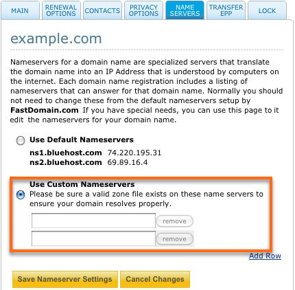 Bluehost Domain Manager Custom NameServers