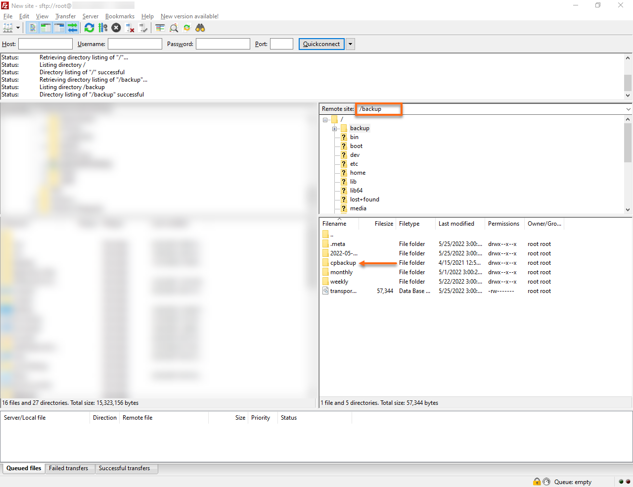 HostGator - FileZilla backup folder