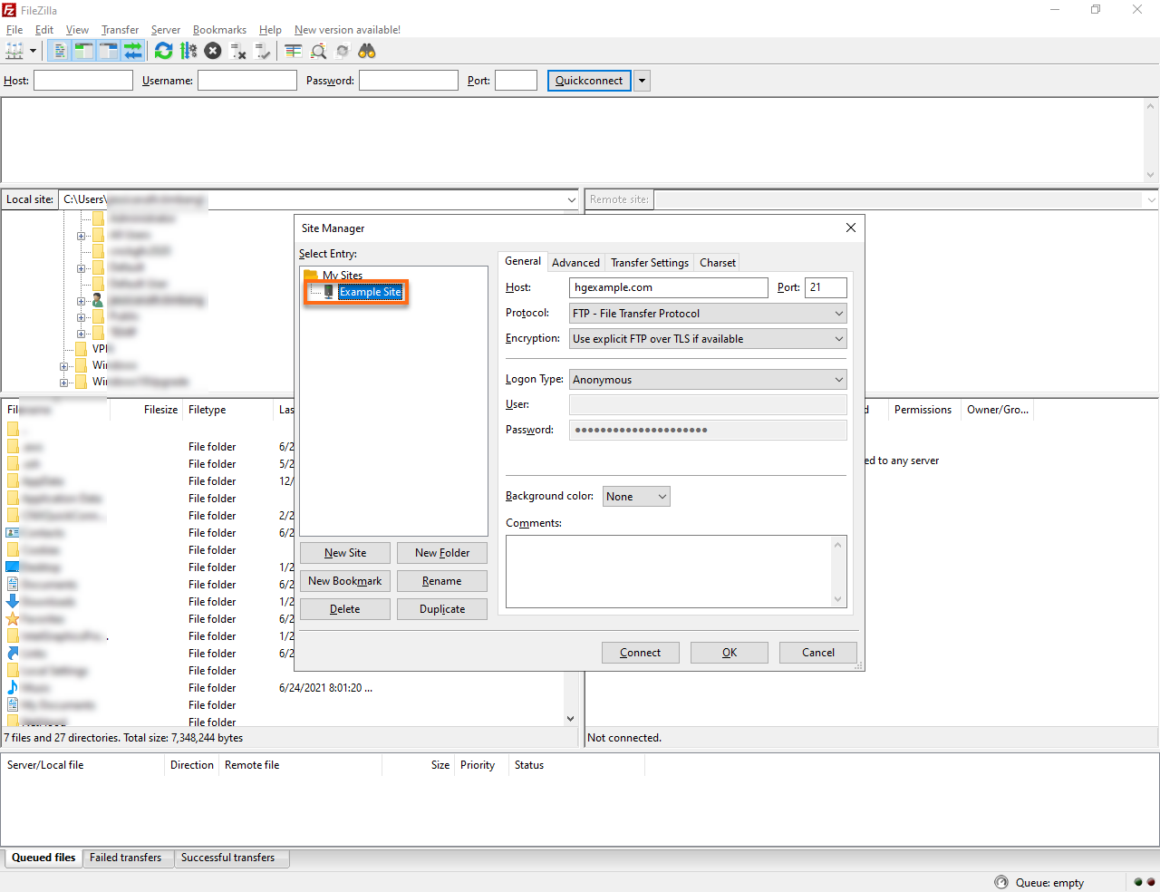 HostGator FileZilla Select Entry